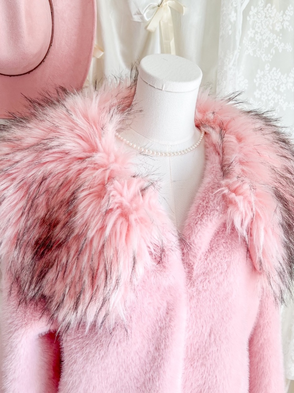 Pink Faux Fur Long Coat with Statement Collar – Coquette Glam Princess Jacket (F - Picture 10 of 14